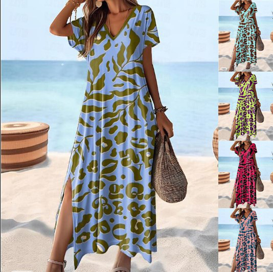 V-Neck Short Sleeve High Waist Floral Print Midi Dress