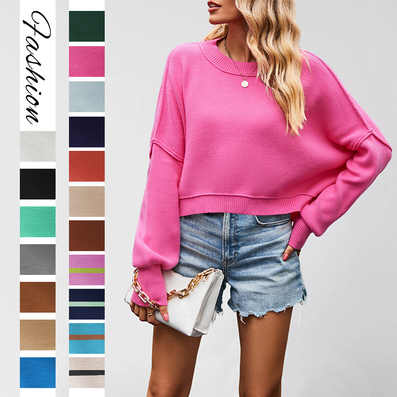 Women's Crewneck Knit Sweater Solid Color Loose Pullover