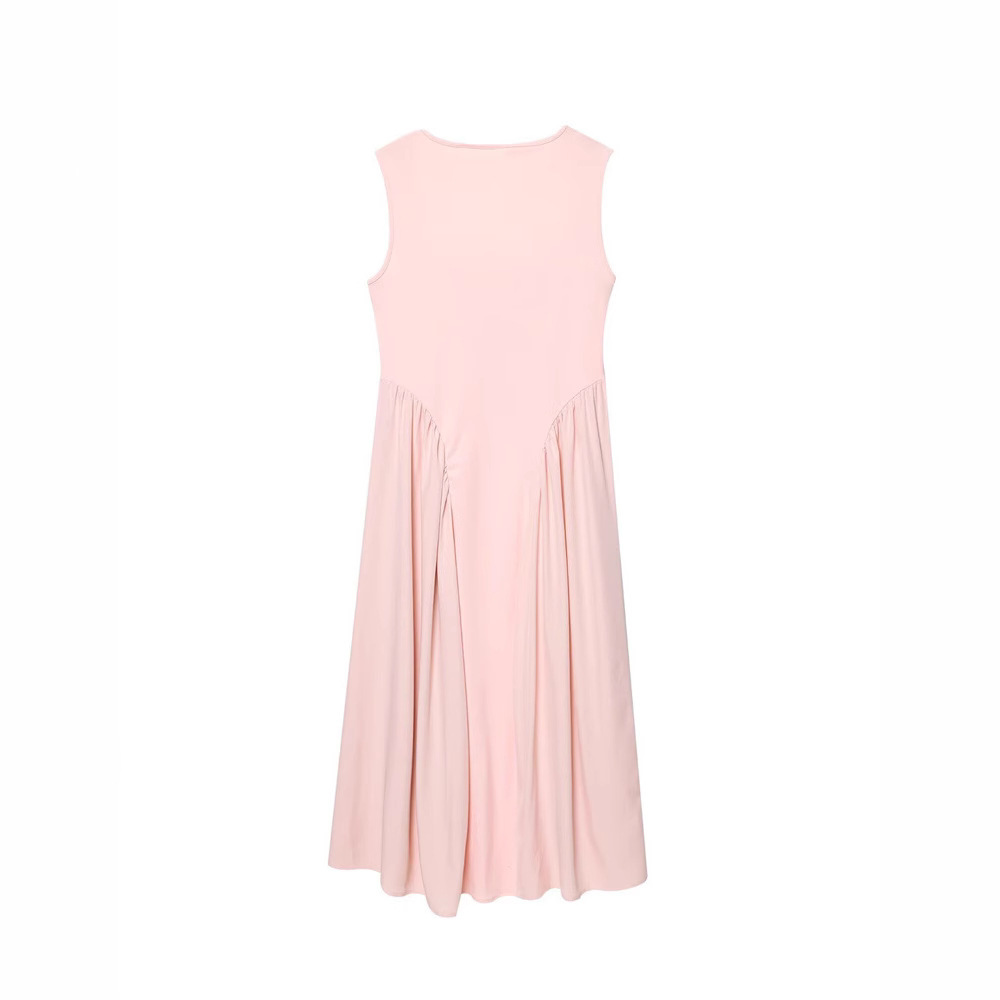 Women's Knit Flared Midi Dress Sleeveless High Waist Pink