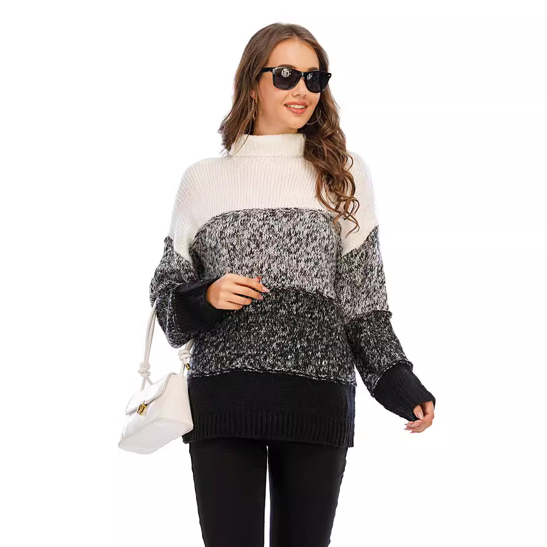 Plus Size Women's Patchwork Knit Sweater with High Neck, Loose Fit