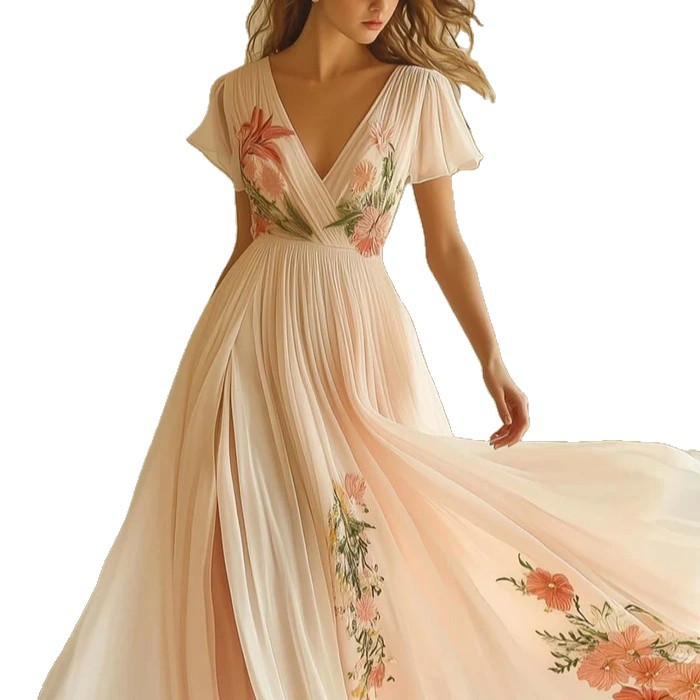 V-Neck Short Sleeve Digital Print A-Line Maxi Dress