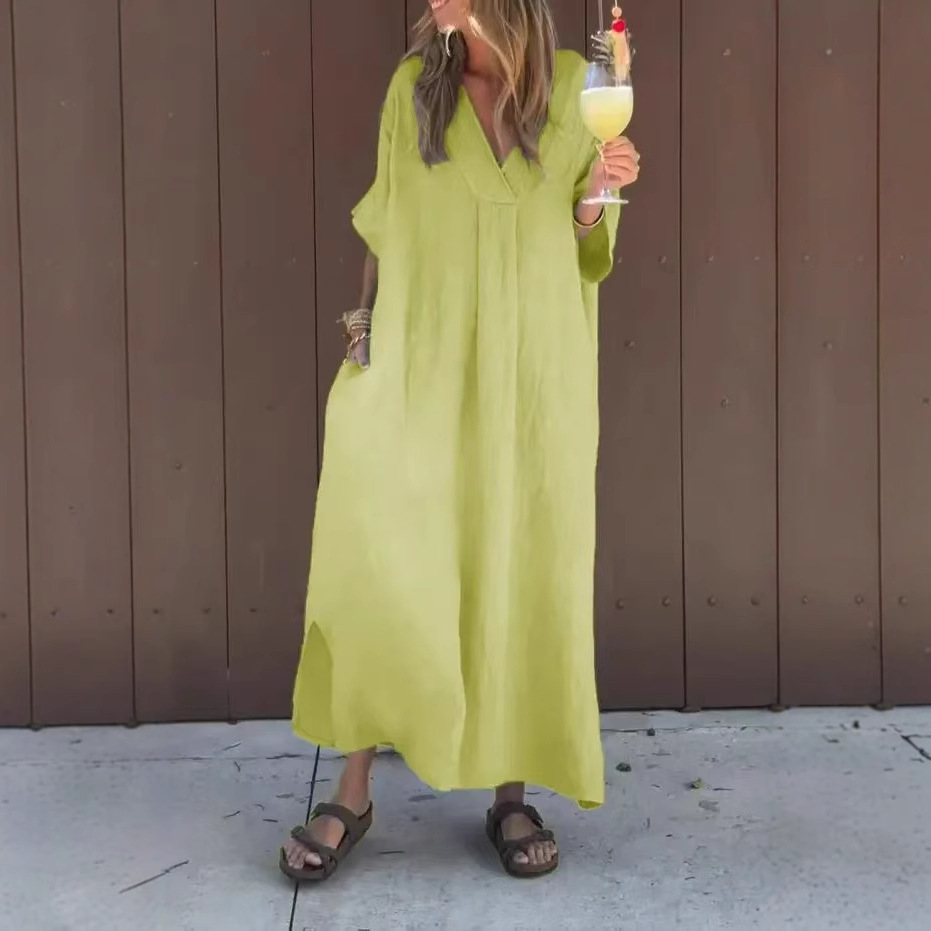 Washed Cotton V-Neck Short Sleeve Midi Dress Casual
