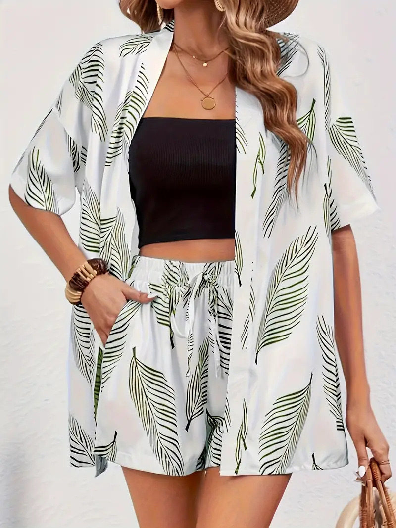 Vacation Print Two-Piece Set: Short Sleeve Tie-Front Shirt & High-Waist Shorts