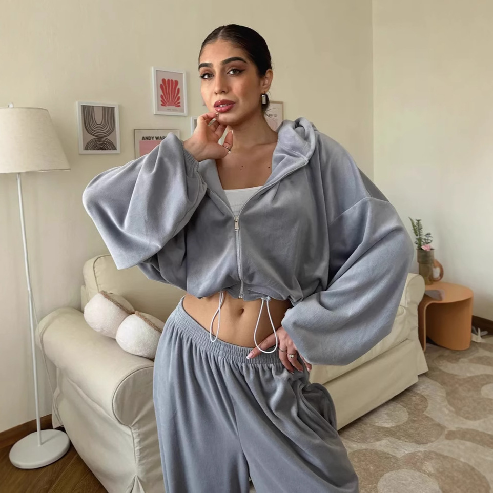 Women's Solid Color Zip-Up Hoodie and Drawstring Jogger Two-Piece Set