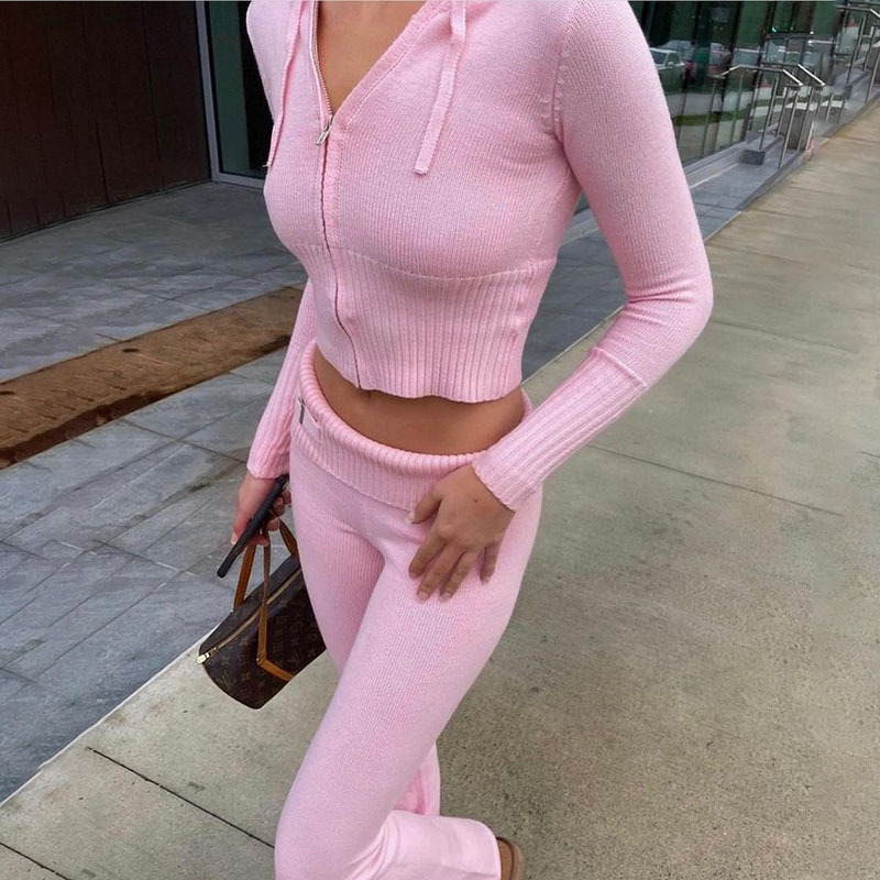 Women's Casual Knit Two-Piece Set Hooded Cardigan Slim Pants