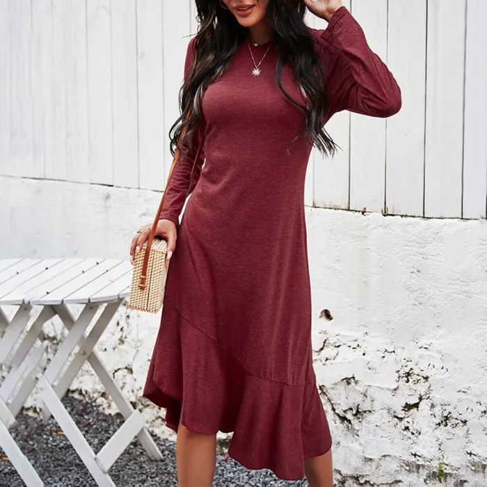 Women's Long Sleeve Round Neck Casual Split Spliced Asymmetrical Dress