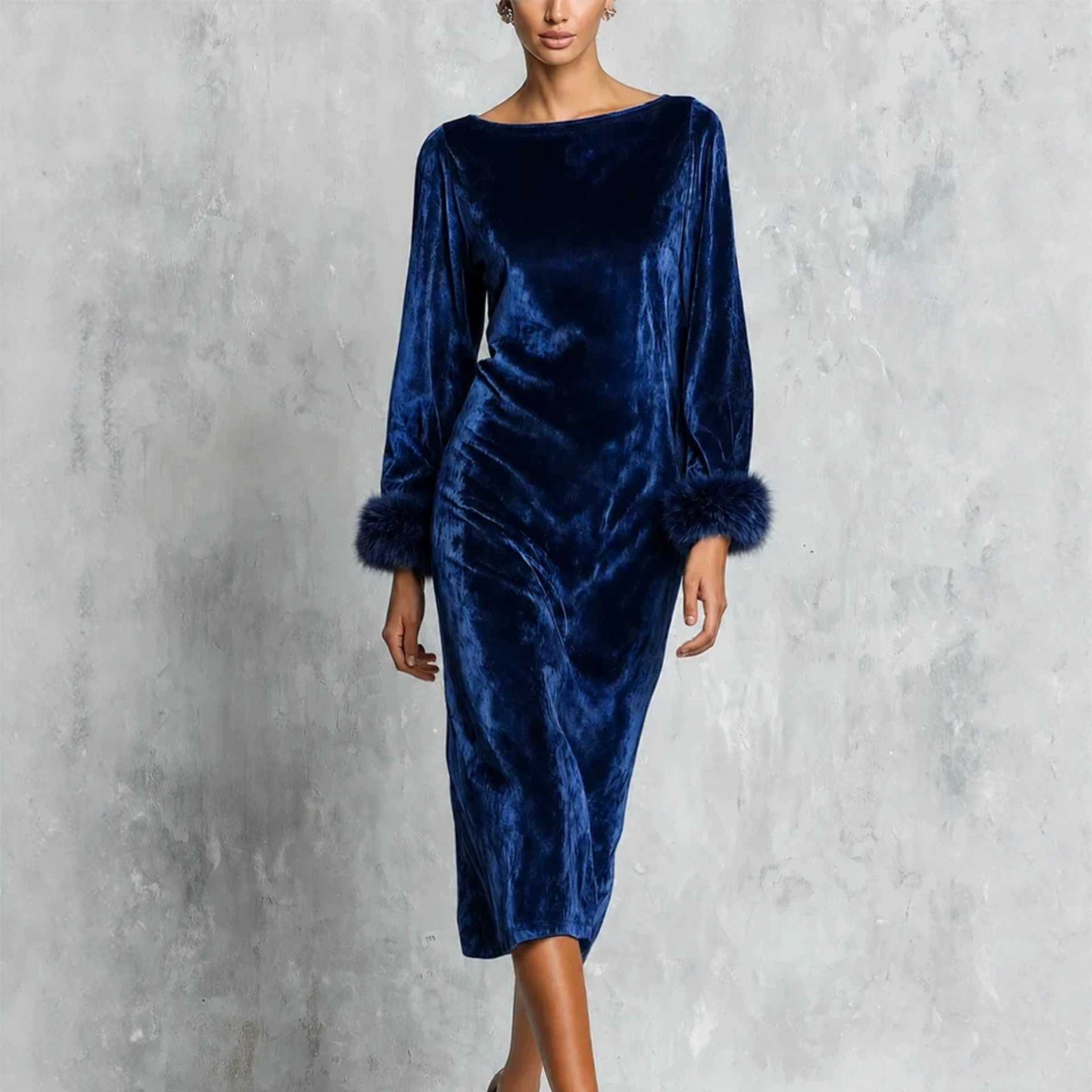 Women's Off-Shoulder Long Sleeve Faux Fur Cuff Long Dress