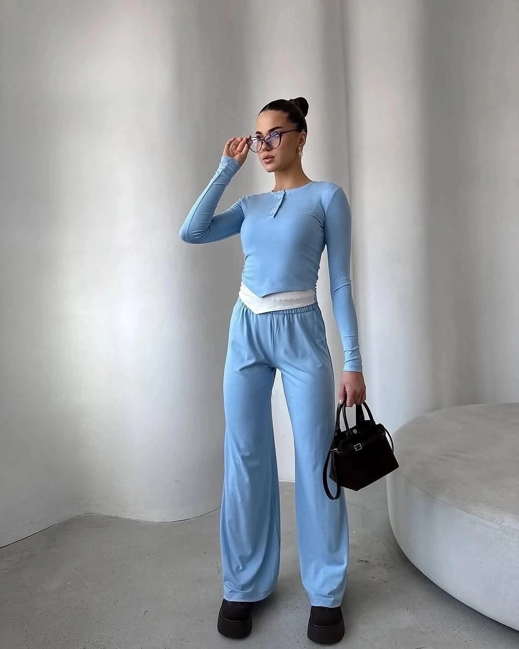 Women's Solid Color Long Sleeve Faux Two-Piece T-Shirt and Pants Set Casual Two-Piece Outfit