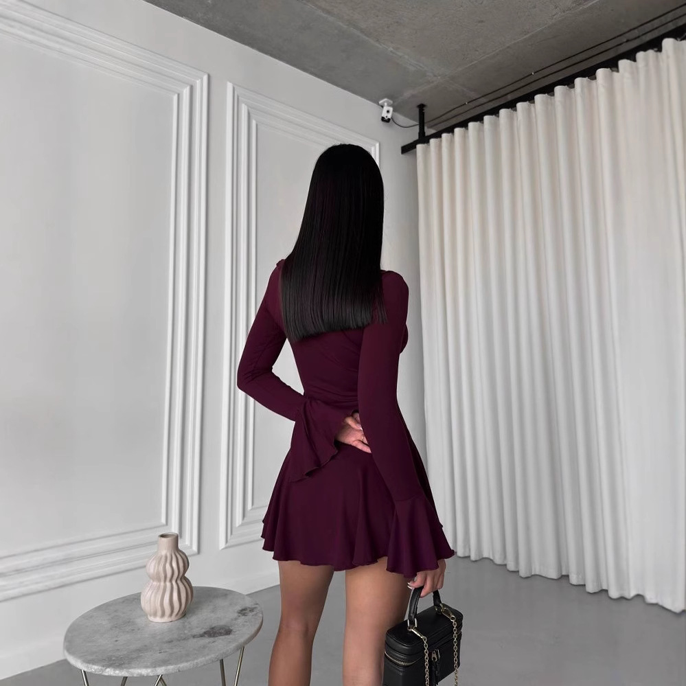 Women's Sexy Slim Fit Ruffle Long Sleeve Tie Dress