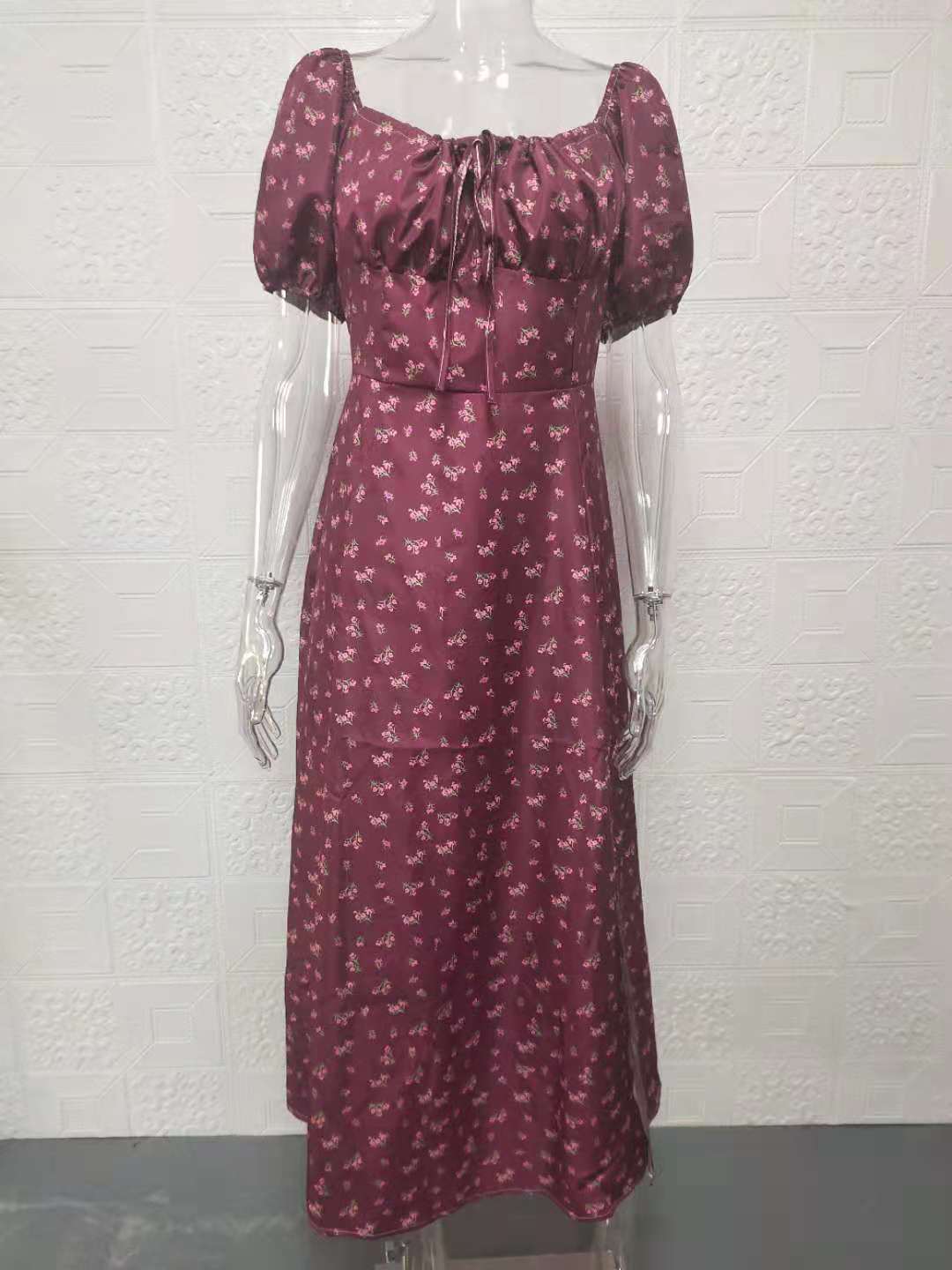 Floral Square-Neck Tie-Back Midi Dress with Slit and Ruching