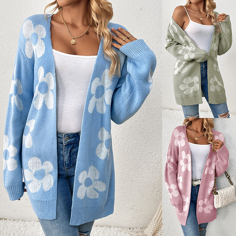 Women's Midi Colorblock Floral V-Neck Knit Cardigan Sweater Coat
