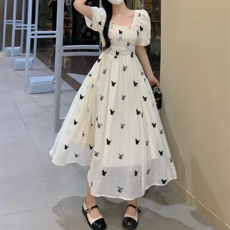 Square Neck Puff Sleeve Floral Dress Women's Summer French Style Slimming A-Line Midi