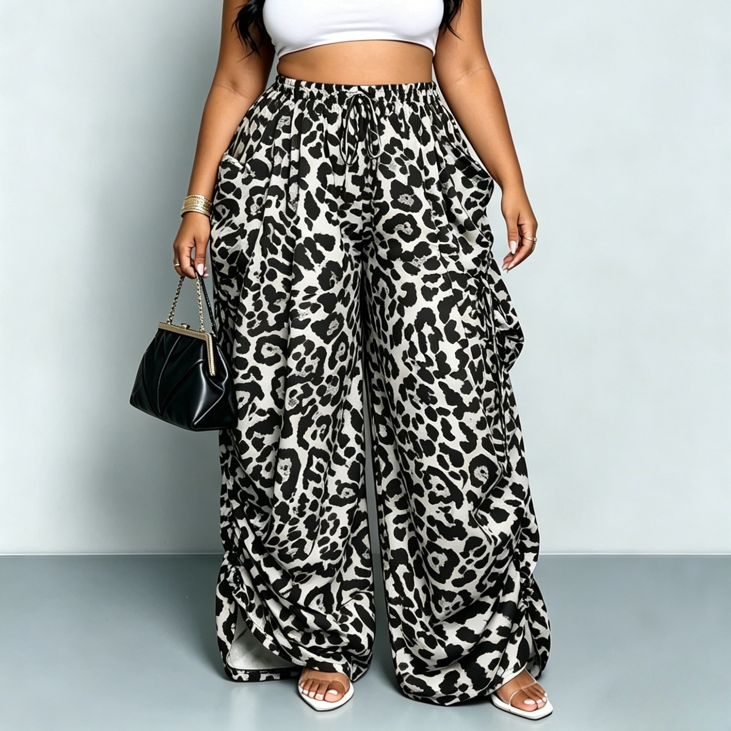 Leopard Print Wide-Leg Harem Pants High Waist Linen-Blend Lightweight
