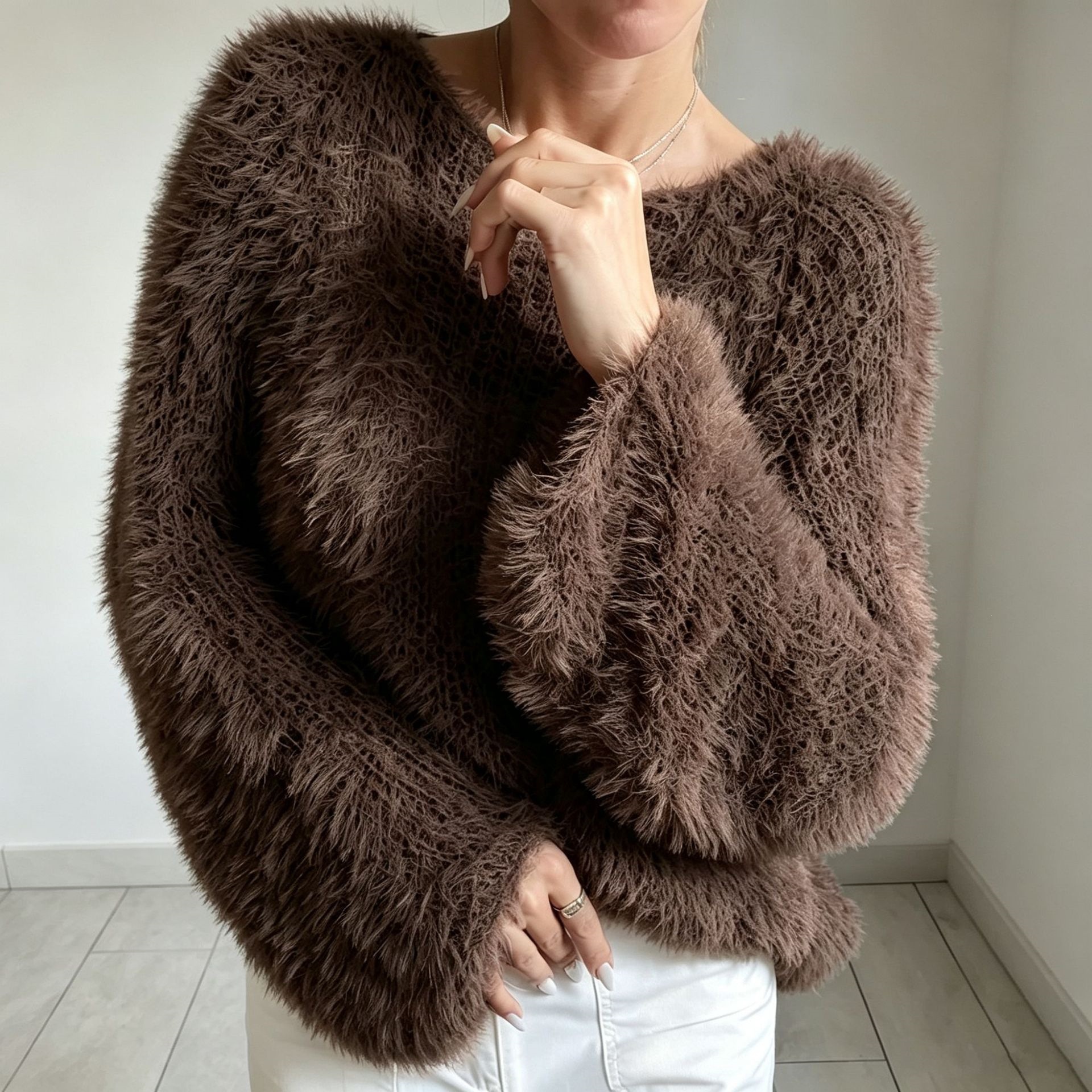 Macaron Color Crewneck Fluffy Long-Sleeve Top