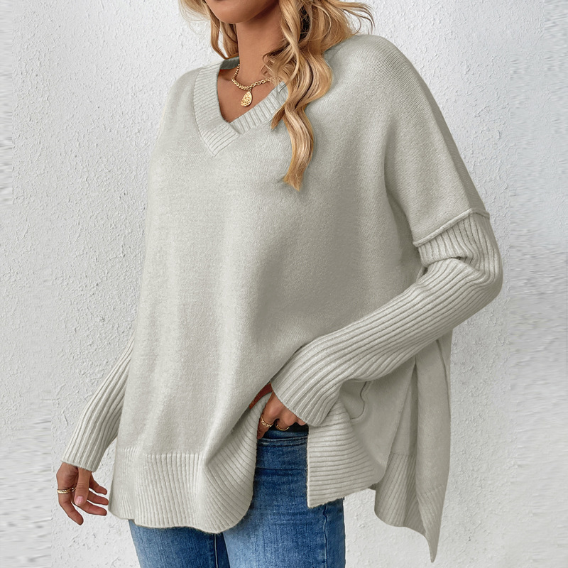 Women's V-Neck Pullover Sweater Lazy Style Patchwork Long Sleeve Knit Top