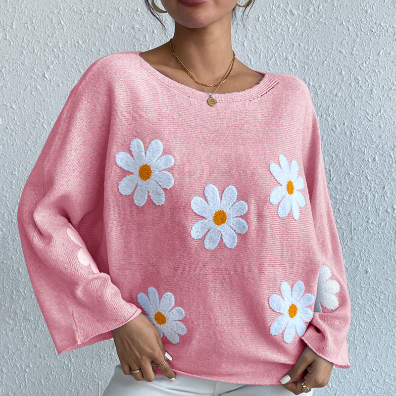 Sweet Floral Embroidered Off-Shoulder Loose Knit Sweater