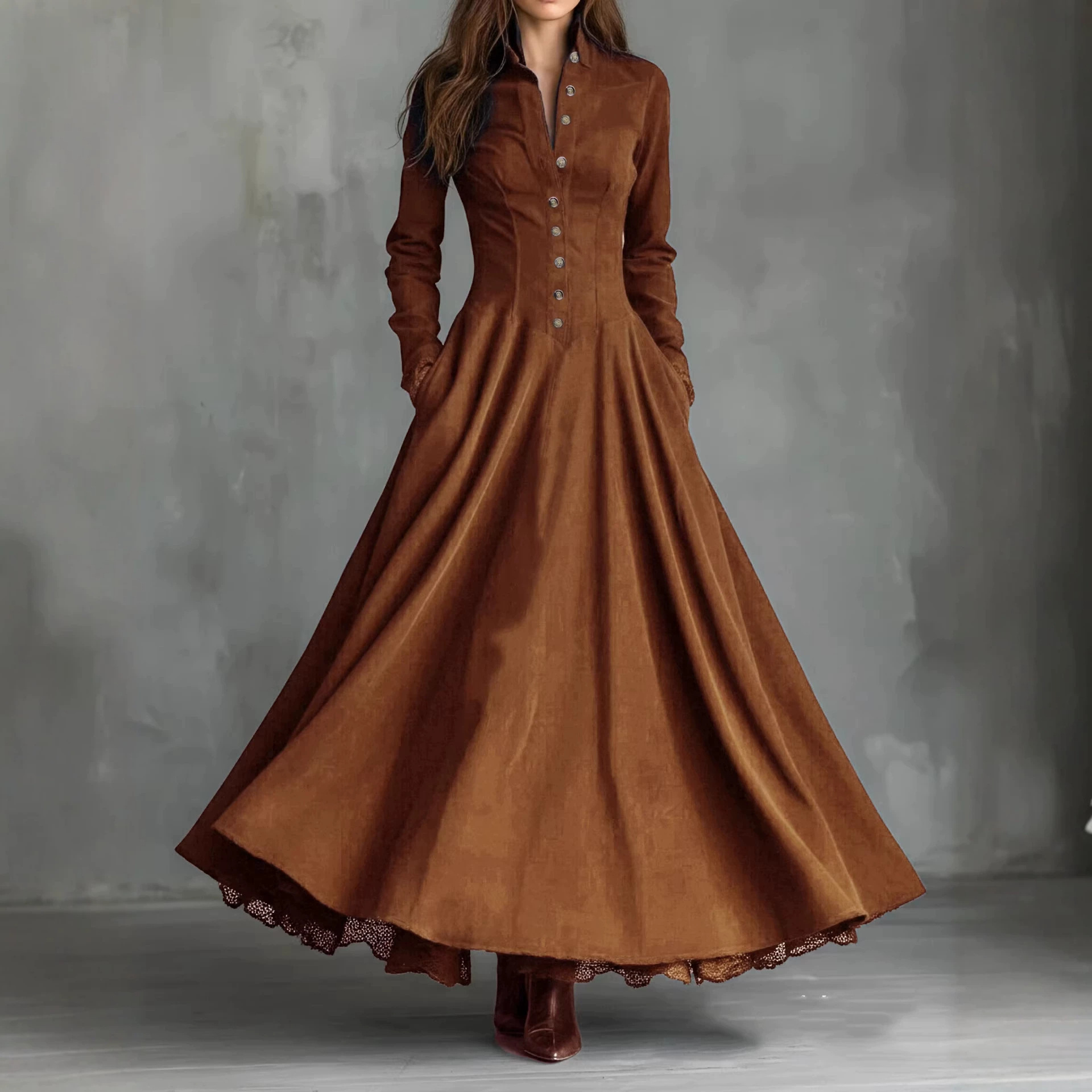 Faux Suede Lace-Trim Button-Front Shirt Dress