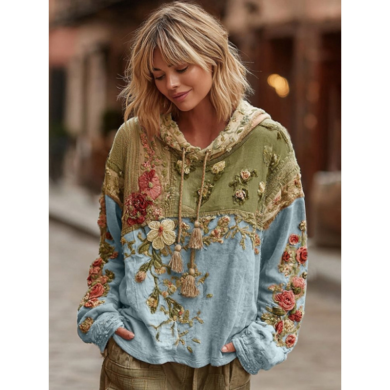 Japanese Cherry Blossom Print Loose Crewneck Sweatshirt