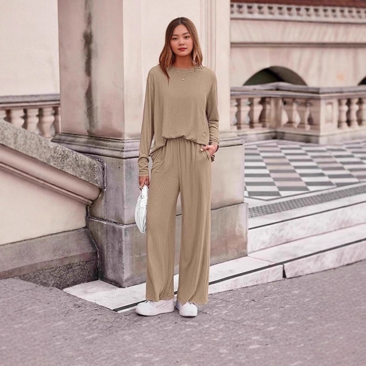 Women's Ribbed Long-Sleeve Casual Set - Urban Chic Solid Color