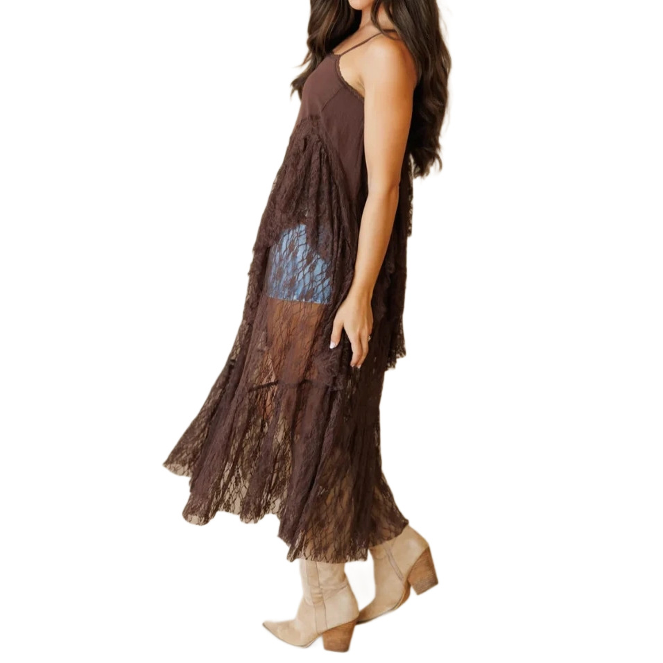 Dark Brown Lace Cami Slit Maxi Dress Layering Cover-Up