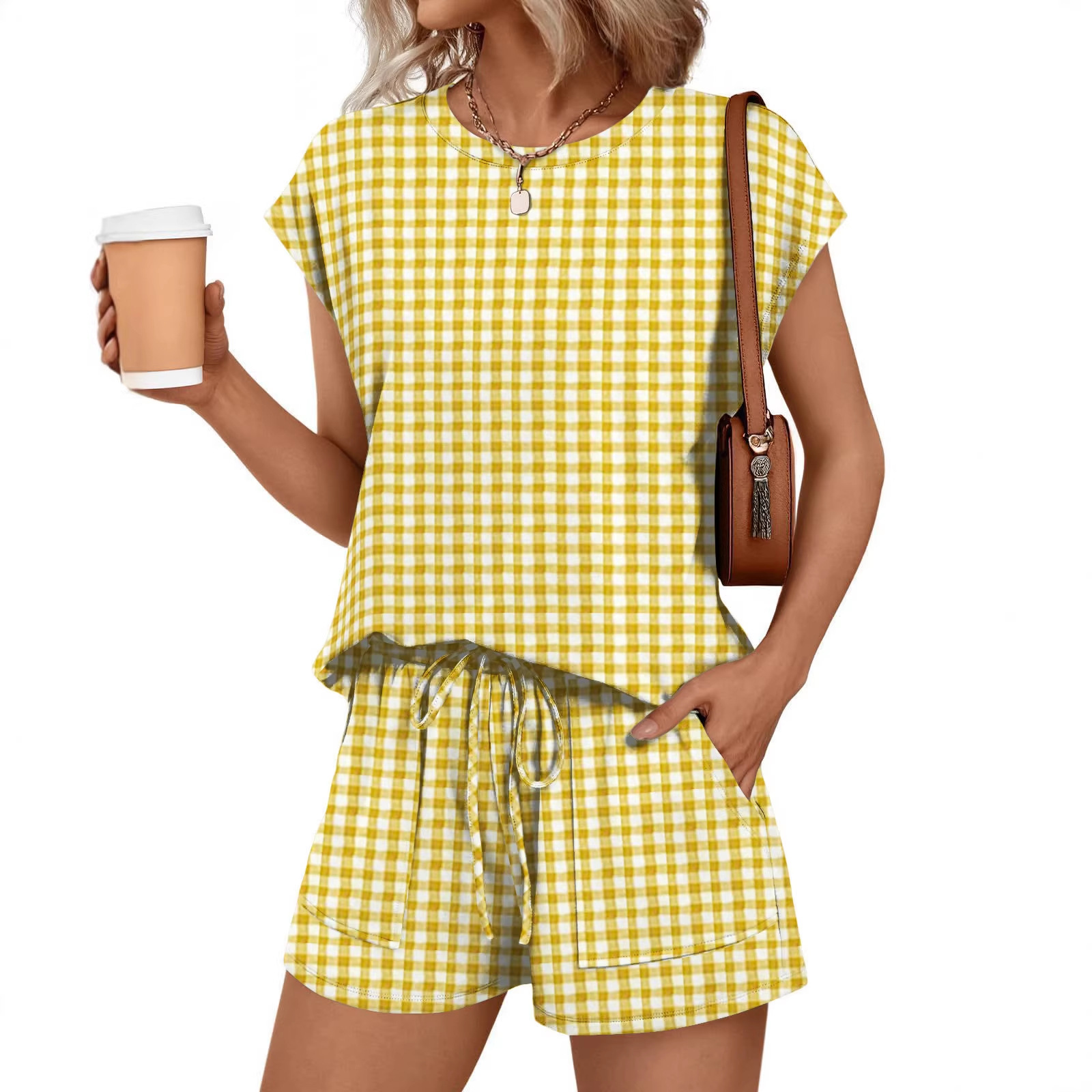Plaid Sleeveless T-Shirt & Drawstring Shorts Set