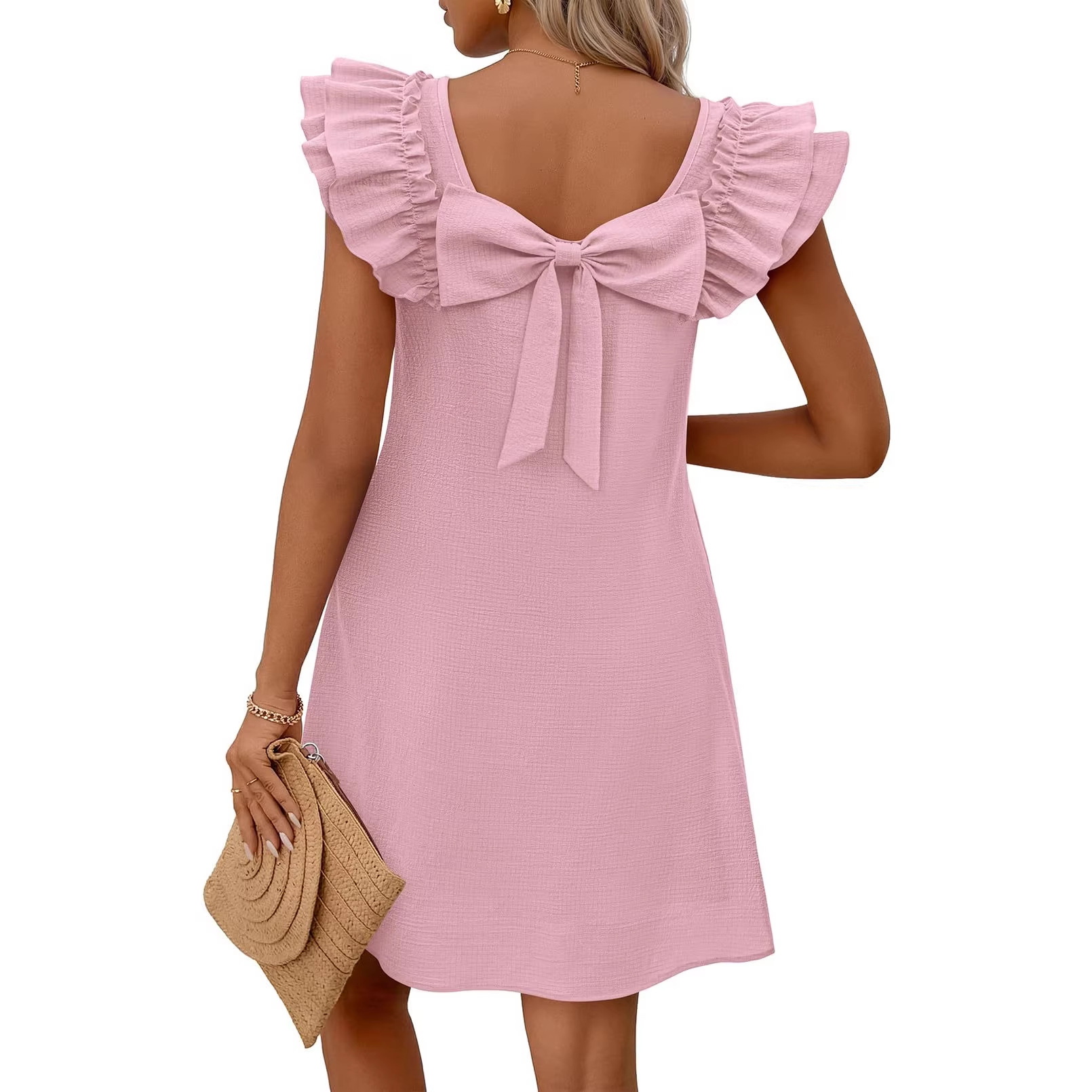 Women's Double Ruffle Sleeve Back Bow Dress