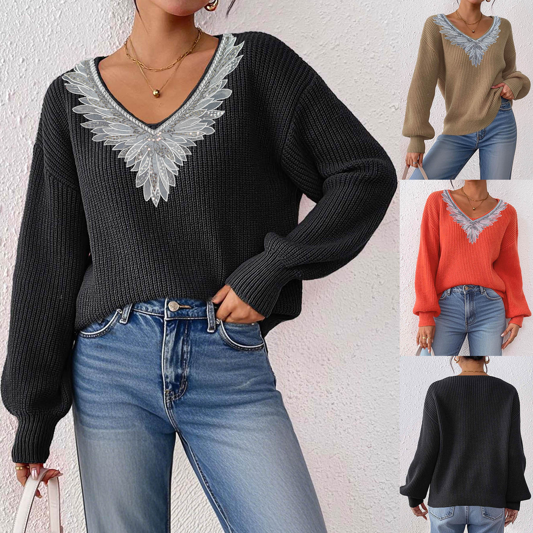 Sequin Bow V-Neck Pullover Sweater Loose Fit Long Sleeve
