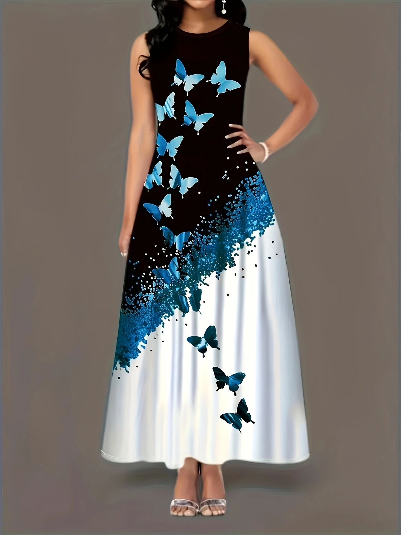 Butterfly Print Sleeveless A-Line Maxi Dress with Pockets