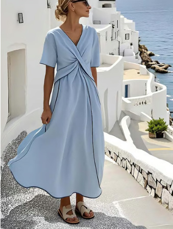 Women's V-Neck Short Sleeve Pleated Maxi Dress