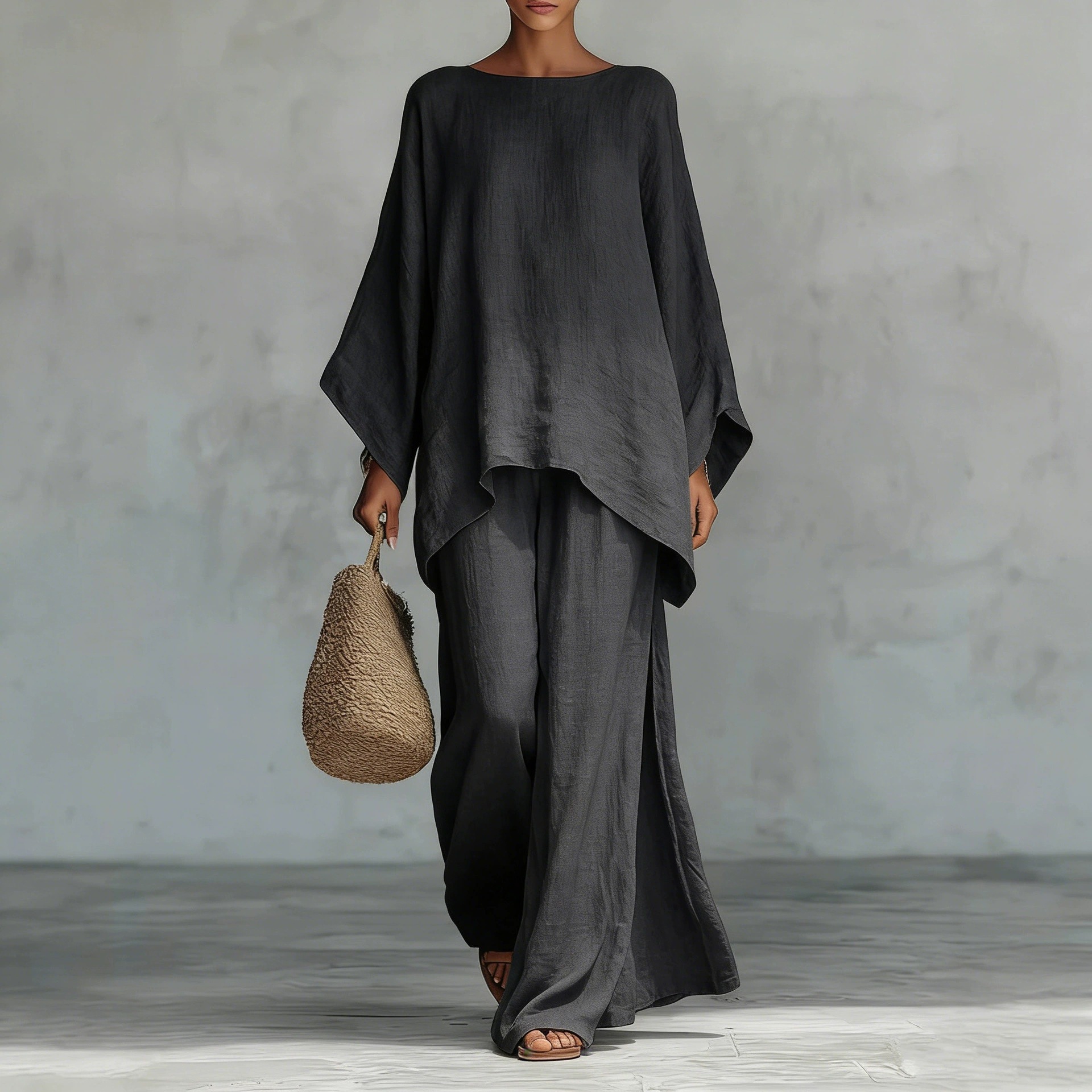 Women's Linen-Blend Shirt and Wide-Leg Pants Set