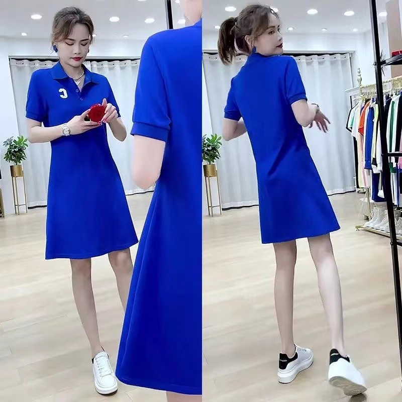 Klein Blue Polo Collar Short Sleeve T-Shirt Dress Women's Loose A-Line Midi Dress