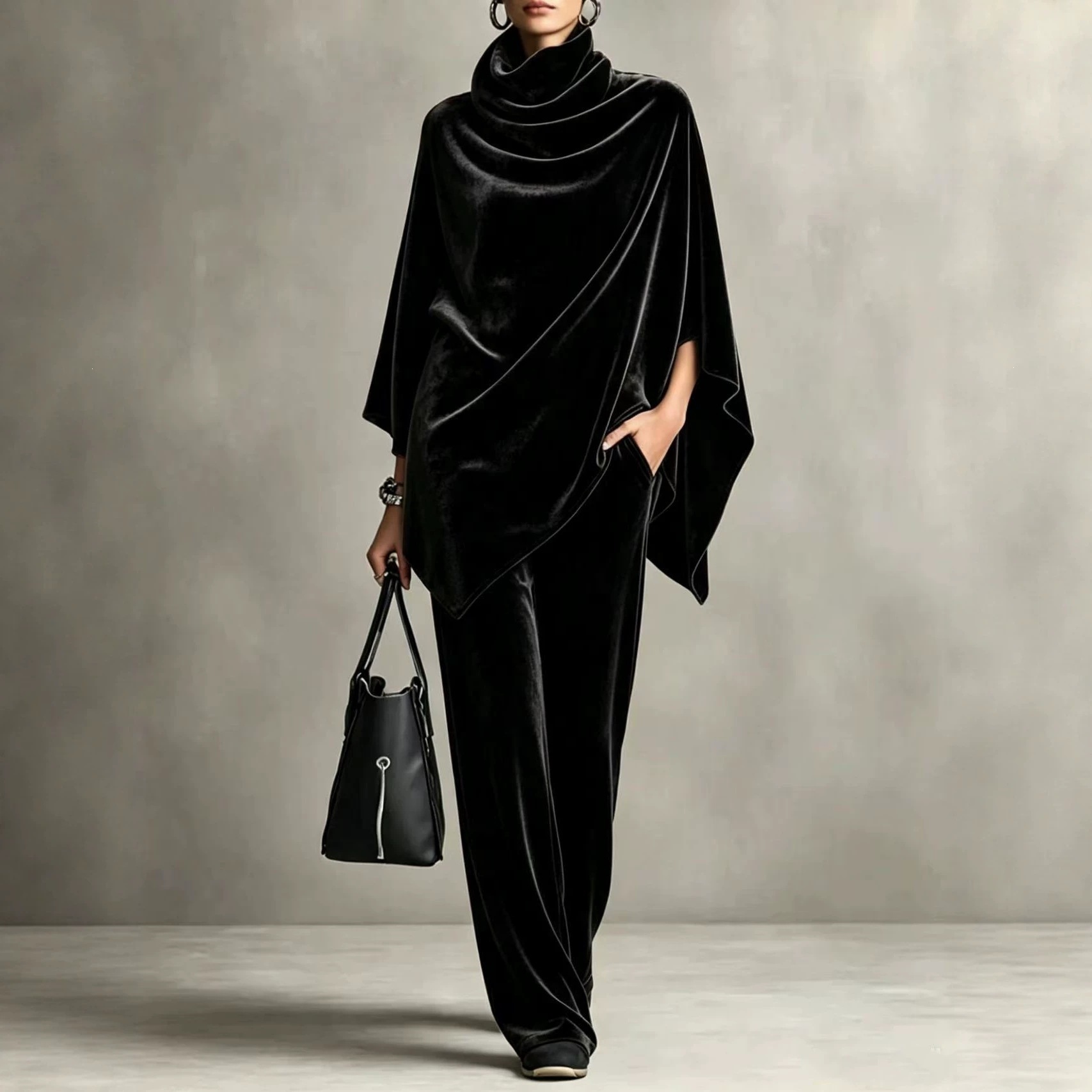 Women's Korean Velvet Cowl Neck Cape Top & Wide-Leg Pants Two-Piece Set