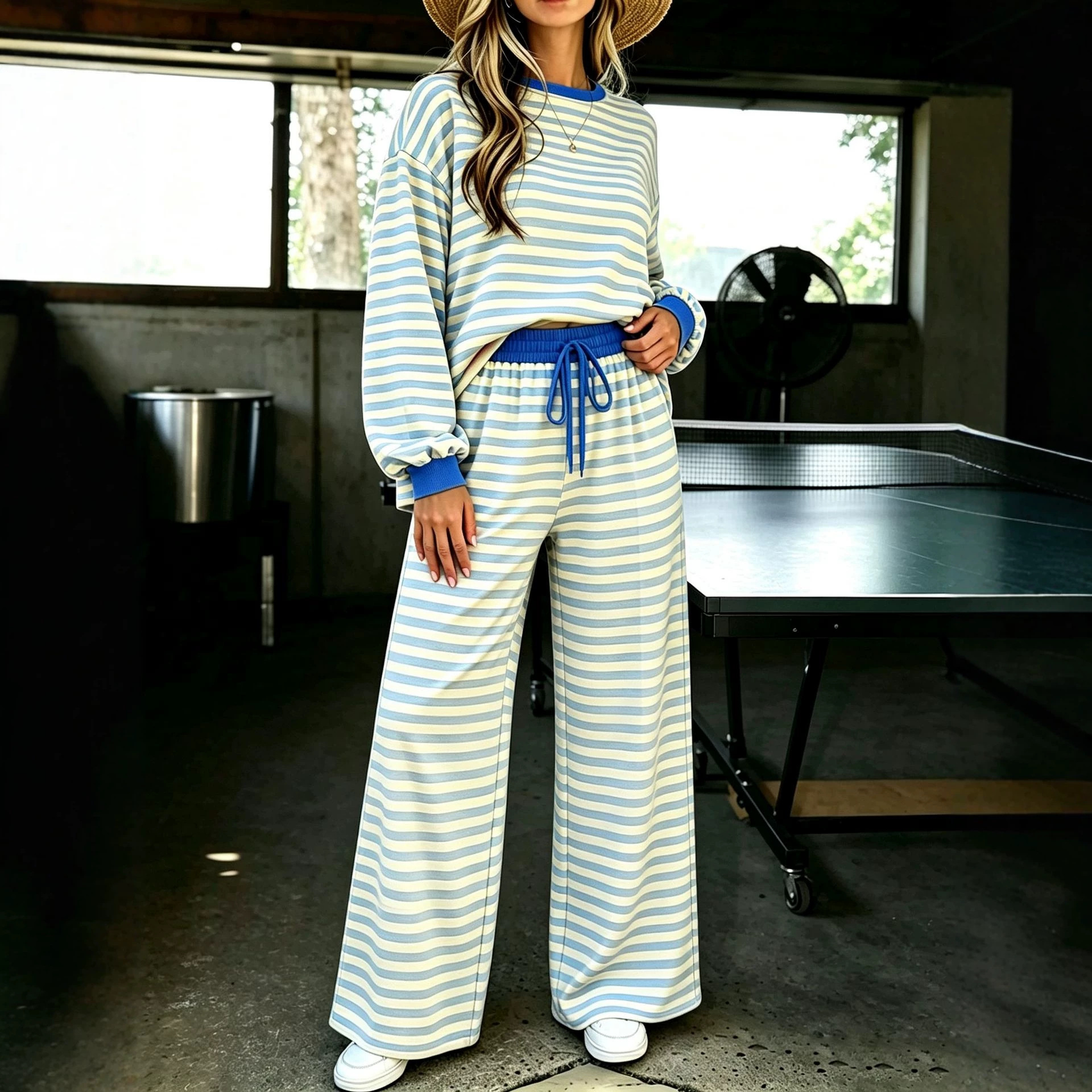 High-Waist Striped Wide-Leg Two-Piece Pants Set Women
