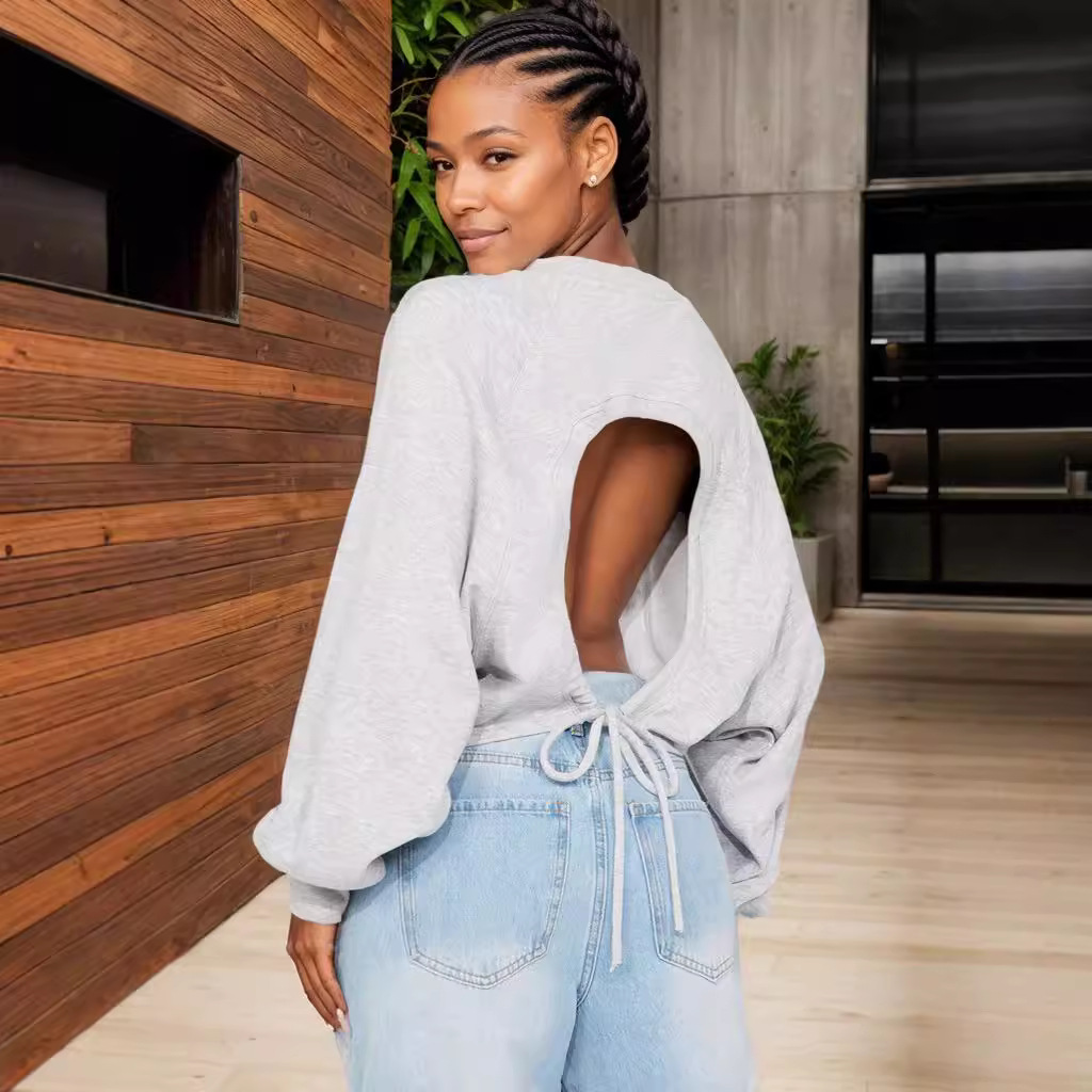 Women's Casual Long-Sleeve Drawstring Open-Back Loose Top