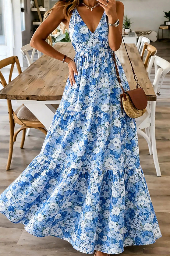 Elegant Floral V-Neck Sleeveless Midi Dress