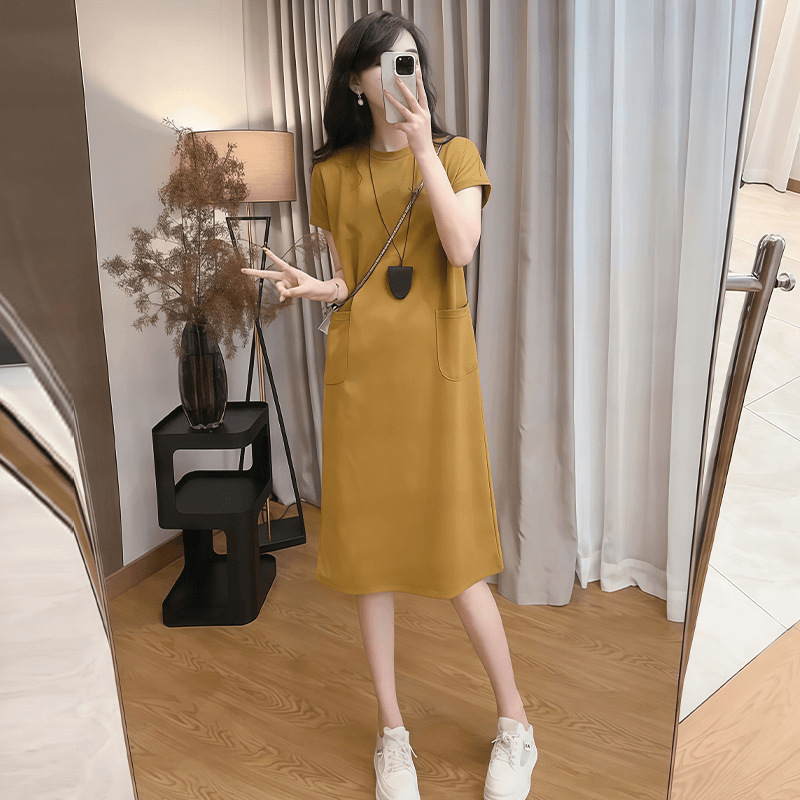 Women's Casual Slit Midi Dress Korean Style Loose Fit Short Sleeve Round Neck A-Line