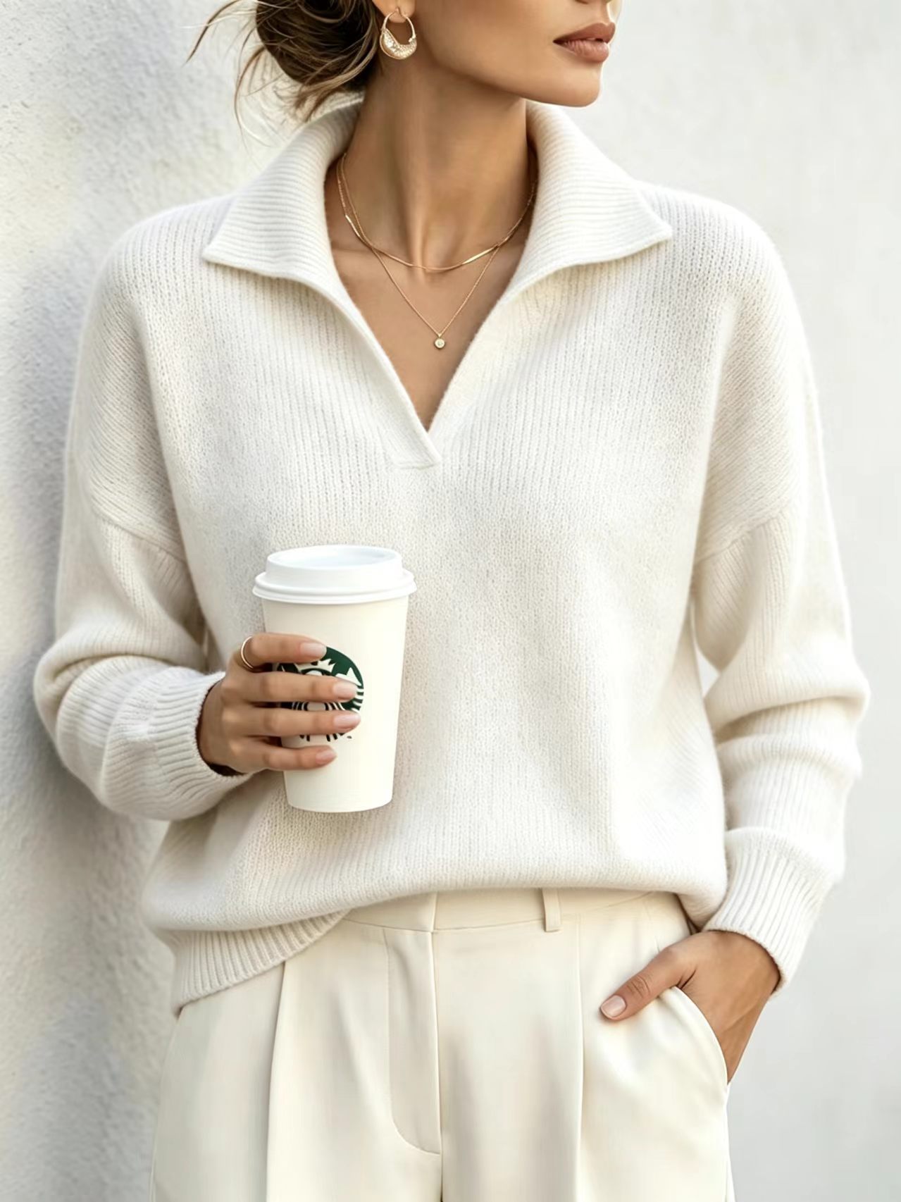 V-Neck Pullover Sweater Top Elegant Commuter Style Women's