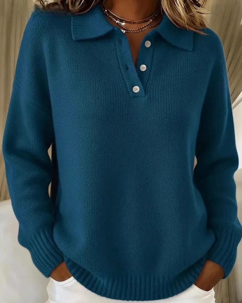 Women's Loose Relaxed Soft Knit Sweater with Collar and Buttons Long Sleeve