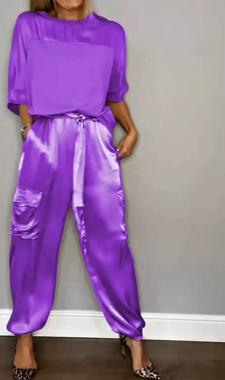 Women's Satin Half-Sleeve Top and Pants Two-Piece Set
