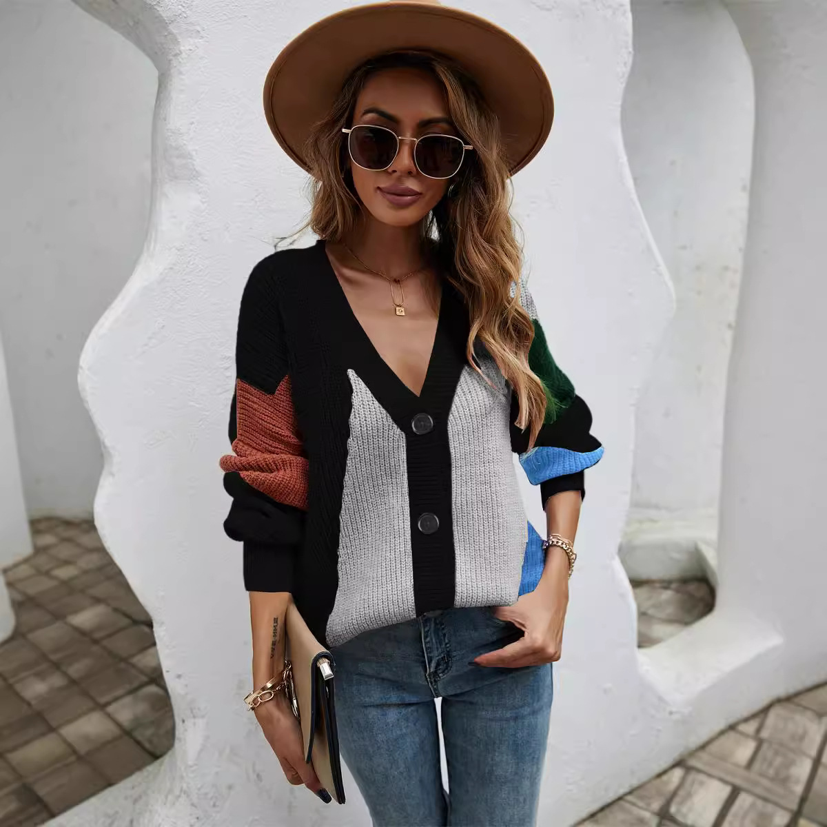 Women's Plus Size Colorblock Knit Cardigan Sweater