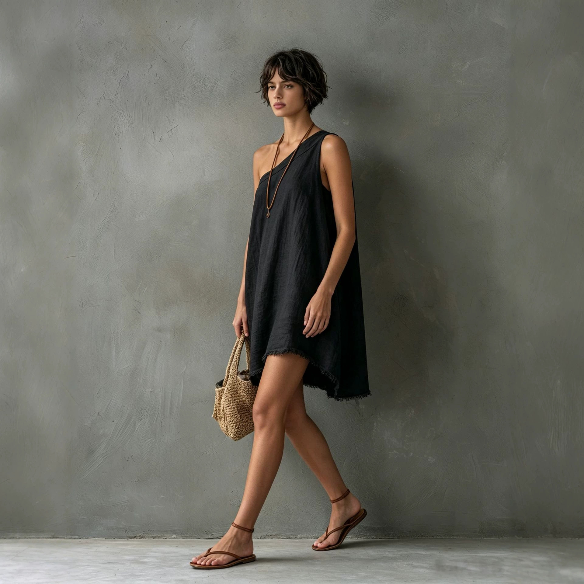 Minimalist Linen-Blend One-Shoulder Sleeveless Frayed Mini Dress