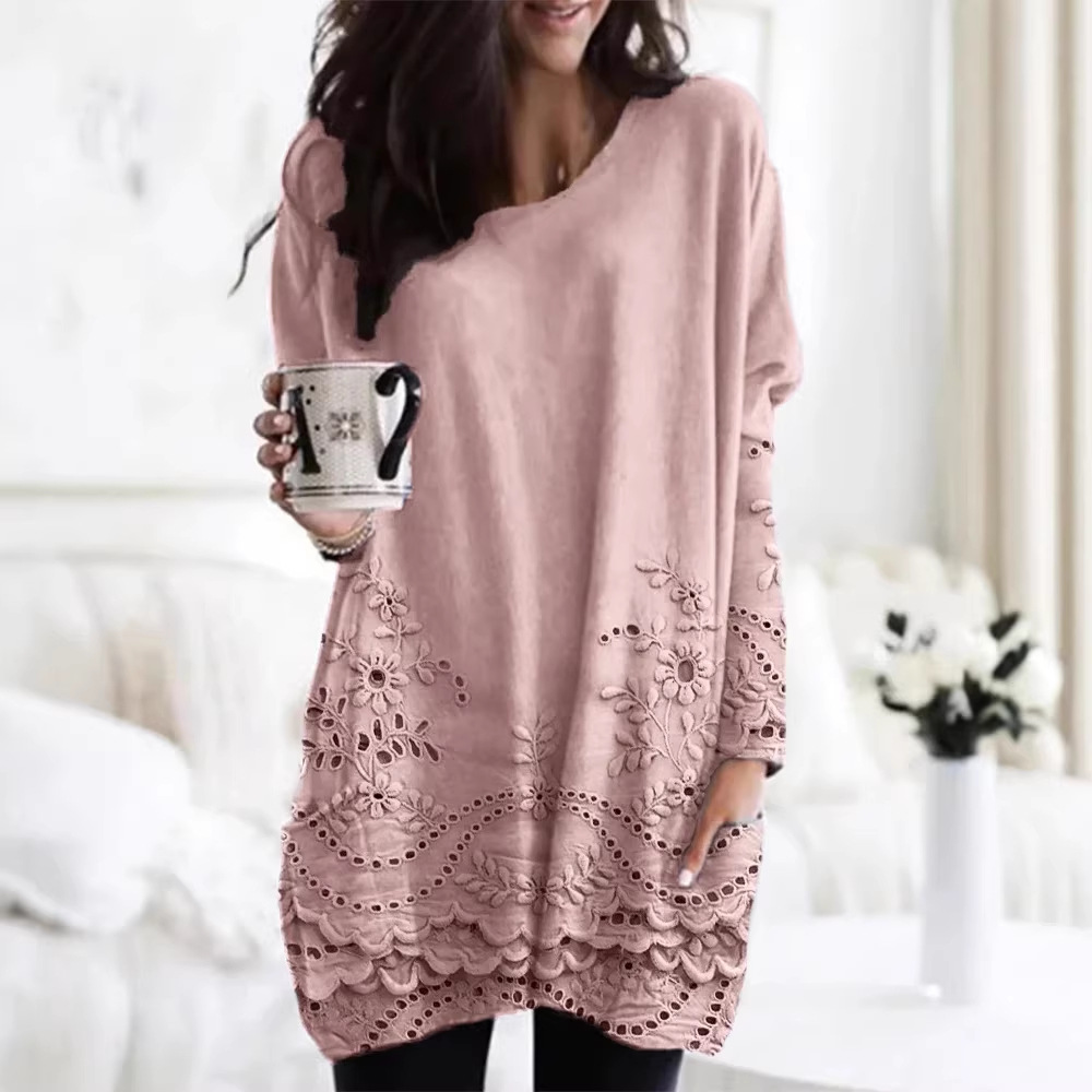 Women's Animal Print A-Line Midi Dress Long Sleeve Crew Neck Casual