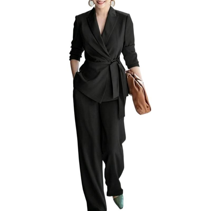 Women's Solid Color Blazer and Pants Set with Belt
