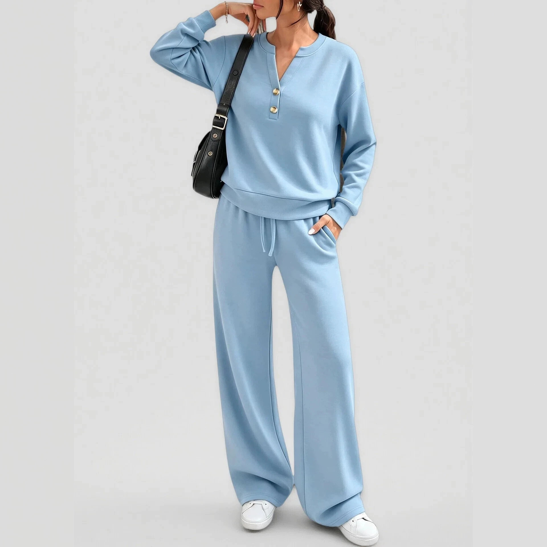 Women's Casual Two-Piece Set Long Sleeve Top & Wide-Leg Pants