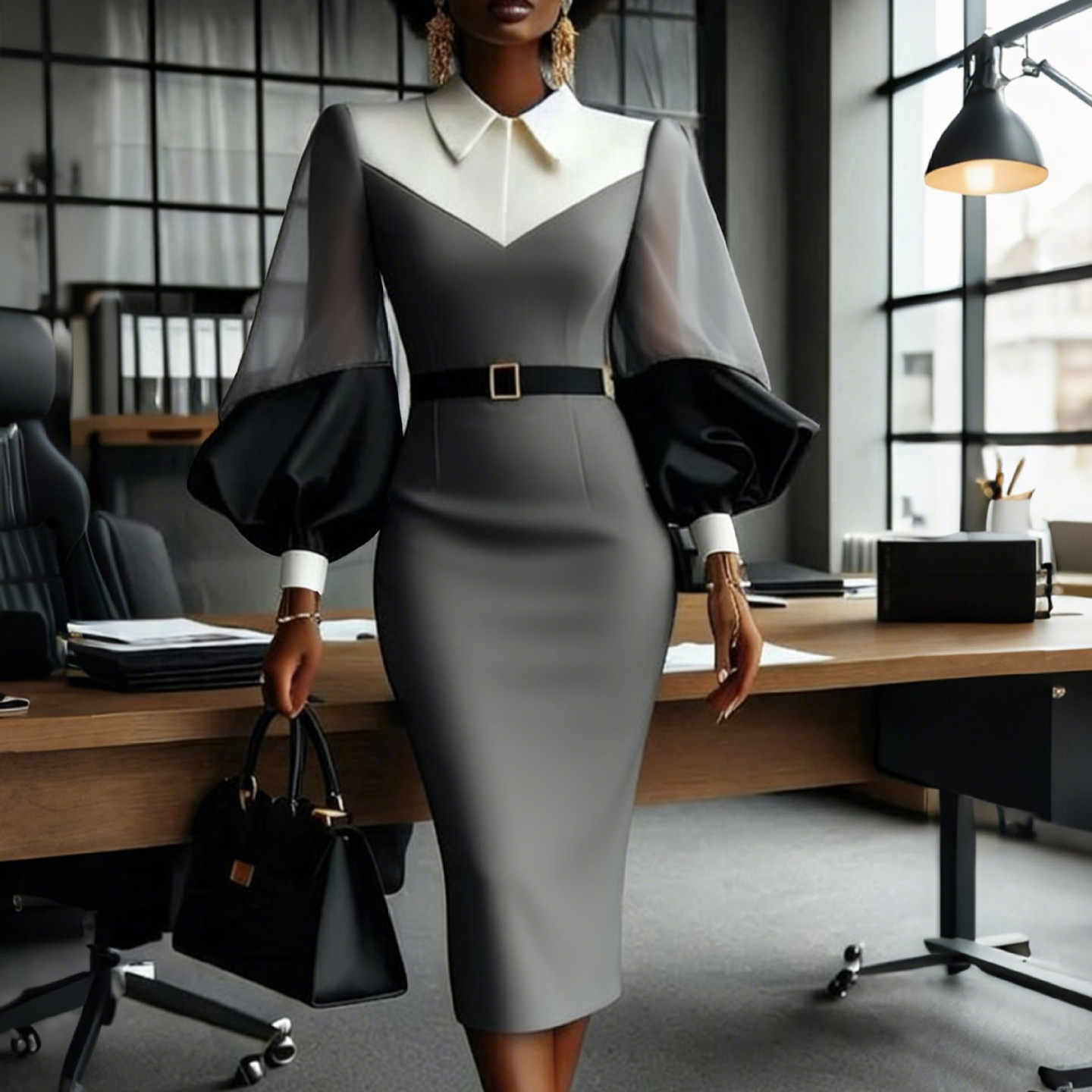 Gray Knit Long Sleeve Midi Dress with Belt