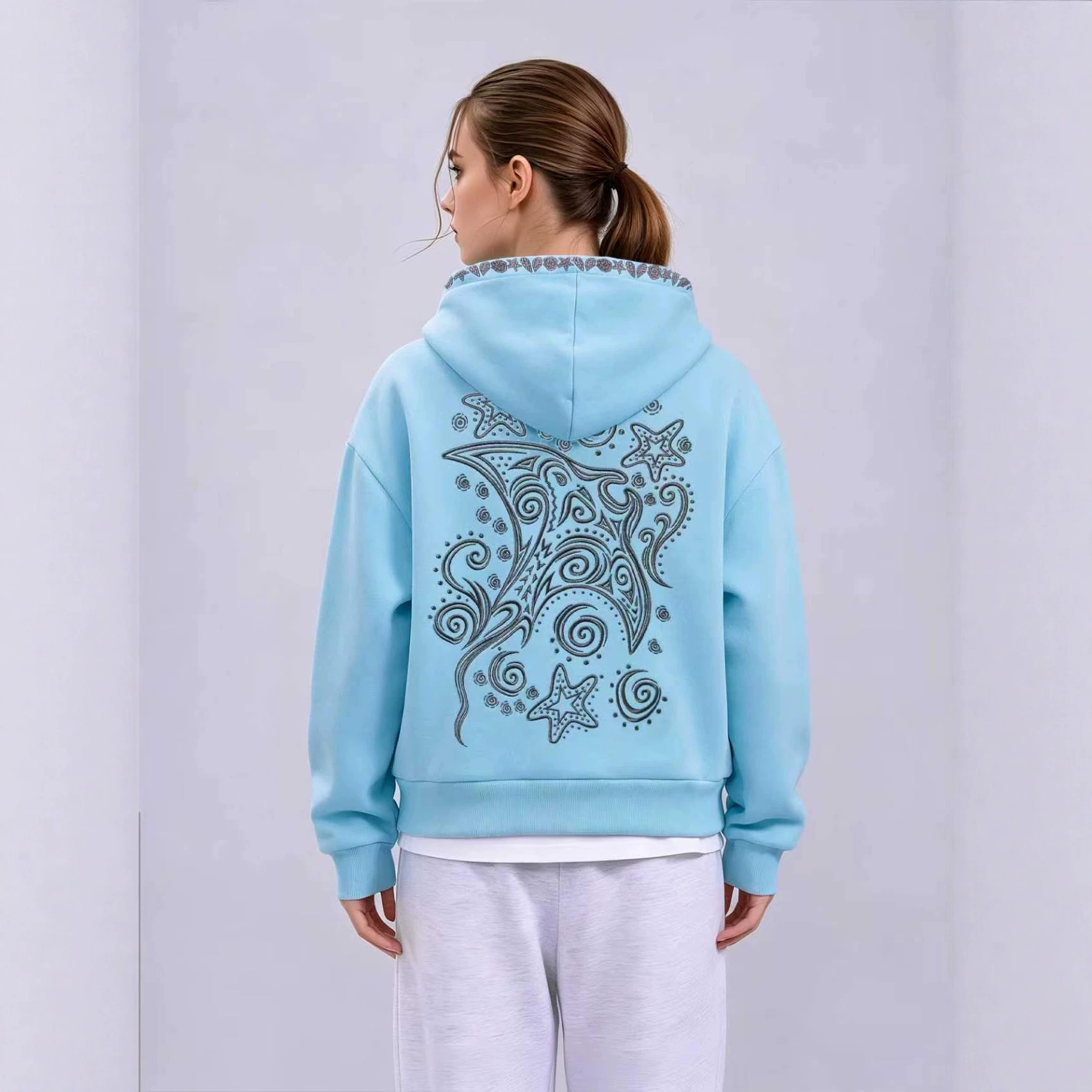 Women's Embroidered Hooded Sweatshirt Waist-Cinched Cropped Pullover