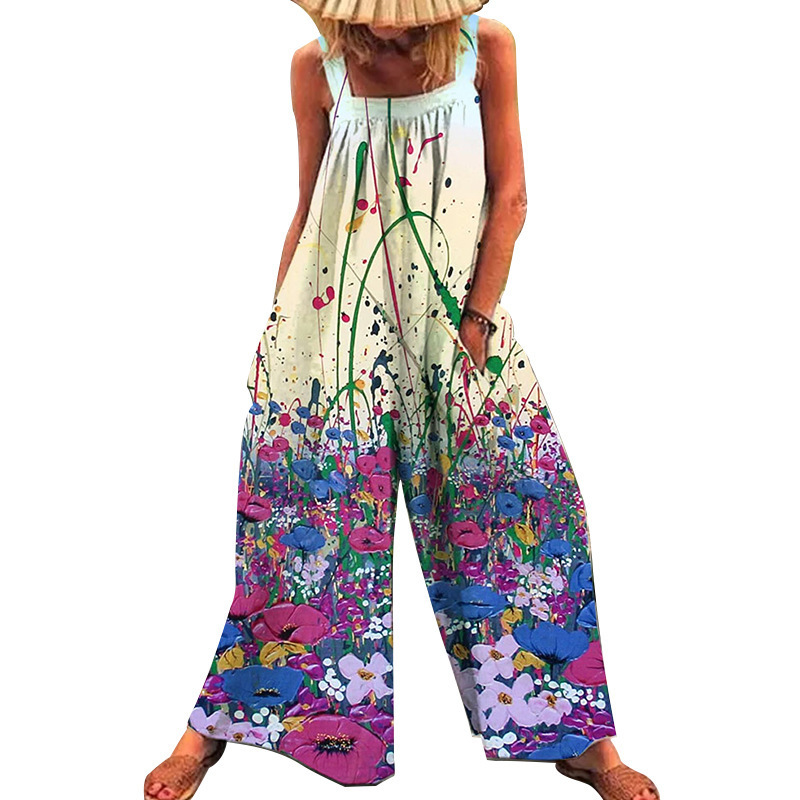 Plus Size Floral Print Loose Wide-Leg Jumpsuit with Straps
