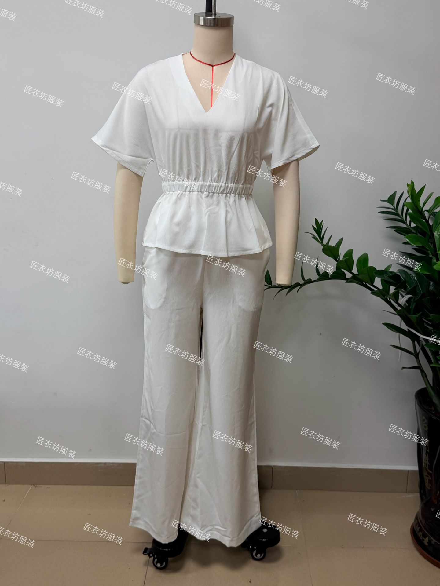 V-Neck Cinched Top and Wide-Leg Pants Two-Piece Set