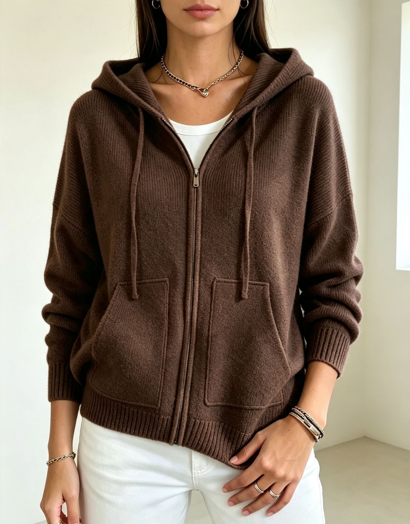 Women's Solid Hooded Zip-Up Knit Cardigan Loose Fit