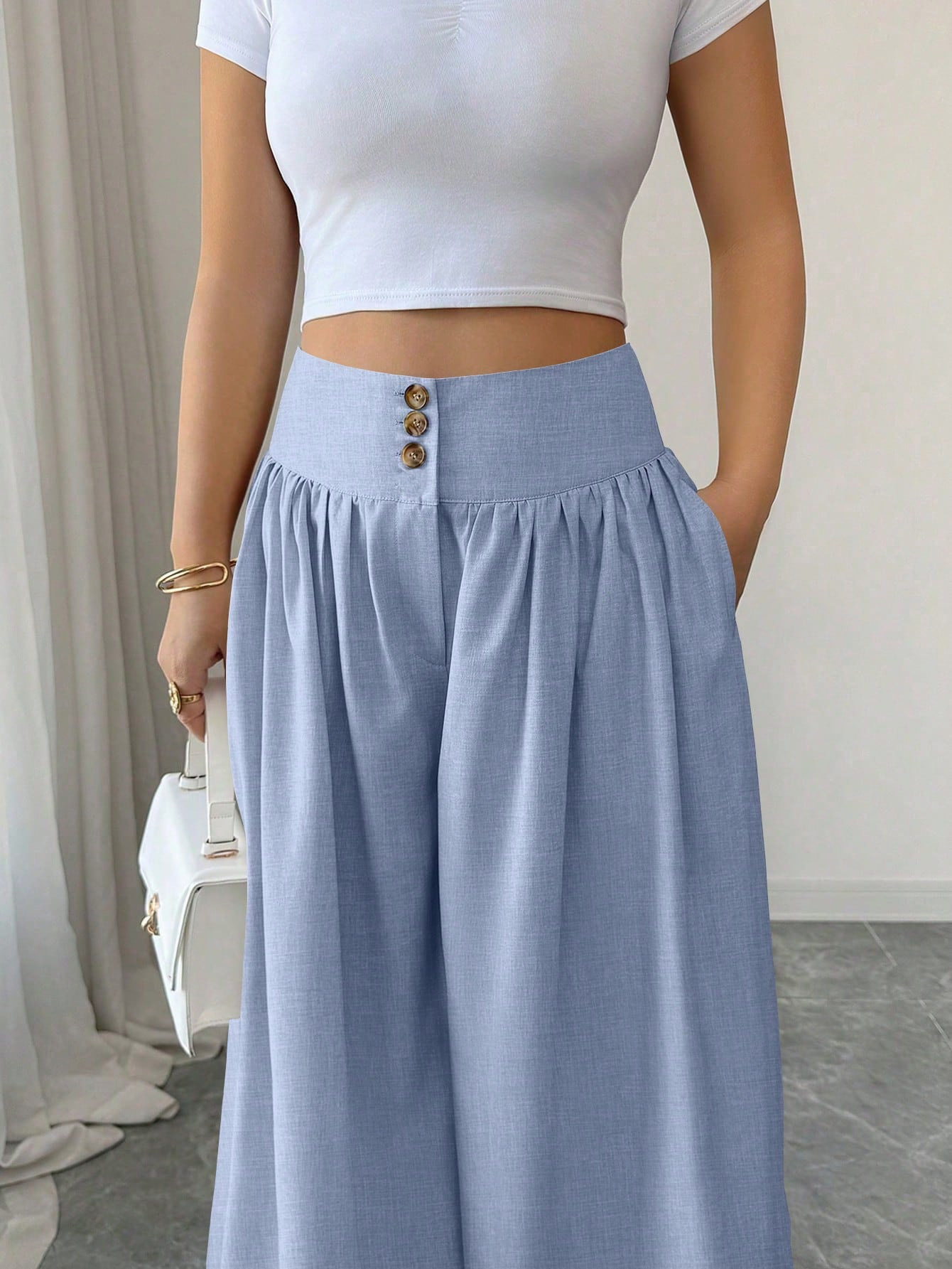 High-Waist Three-Button Wide-Leg Drapey Pants